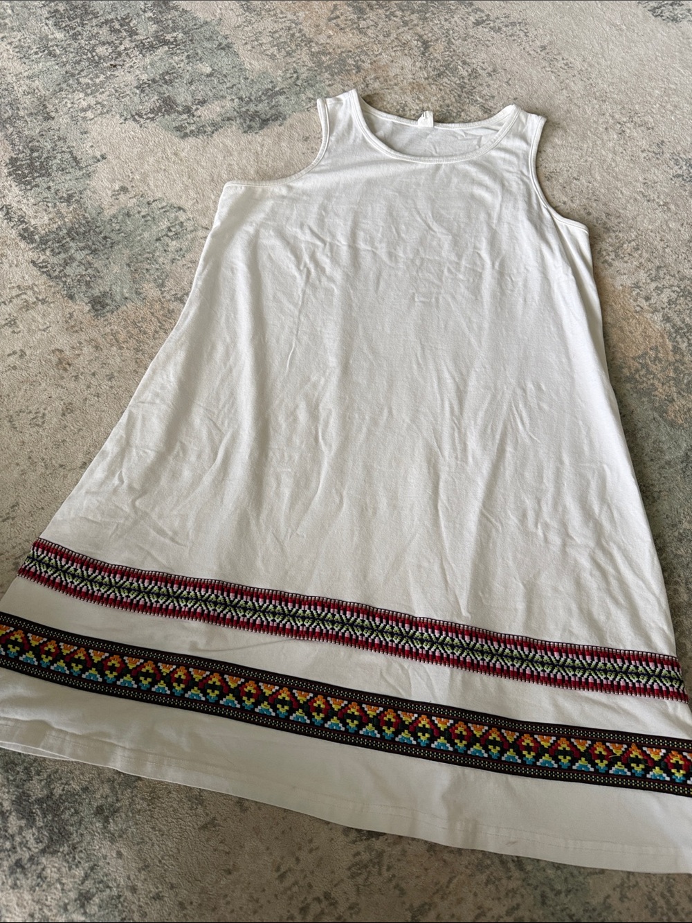White Sleeveless Summer Boho A-Line Dress with Colorful Embroidered Hem, Size L